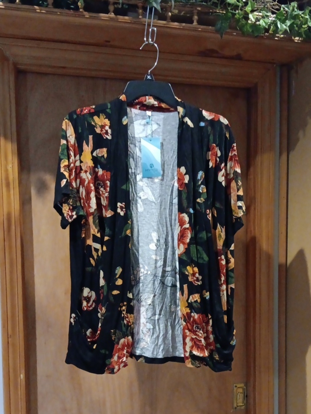 Floral Open-Front Kimono Cardigan - Black with Rust & Green